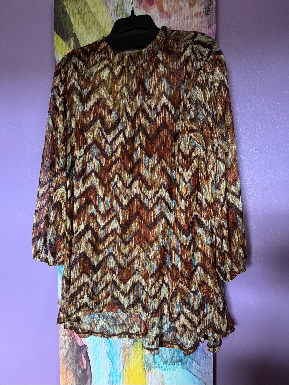 Cato 2pc Multicolor Chevron-Style Blouse in Brown, Cream & Blue Accents